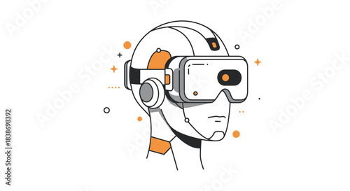 Stylized line art illustration of a robotic head wearing a VR headset