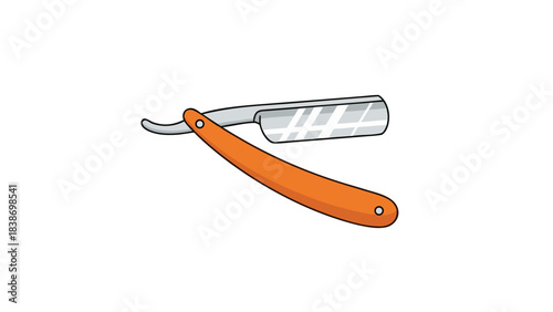 Orange Handled Straight Razor Blade with Silver Metal Reflective Surface Isolated on Black Background