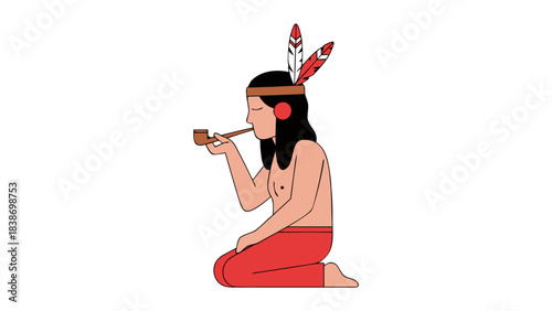 Native American Person Kneeling and Smoking a Pipe Wearing Traditional Headdress and Red Clothing Against a Black Background