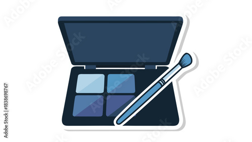 Open dark blue eyeshadow palette with four shades of blue and a light blue makeup brush on a transparent background showing cosmetic products for beauty and makeup application