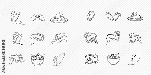 Set of various chicken wings and drumsticks in continuous line art style, perfect for food-related designs and restaurant menus.