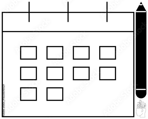 Calendar with hanging loops, grid layout, and accompanying pencil signifying planning, time management, deadlines, goal setting, project organization, productivity, event coordination simple flat