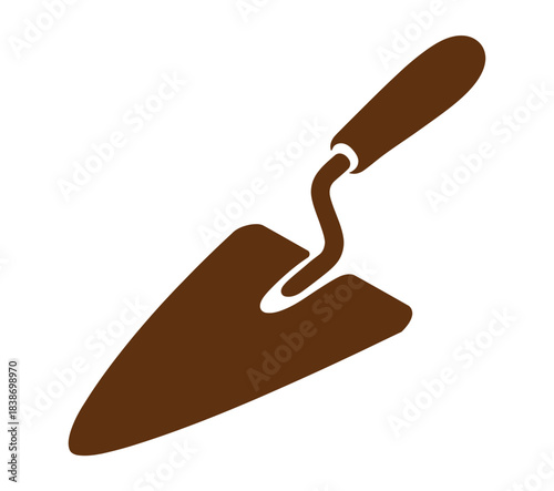 A brown garden trowel is shown against a white background.