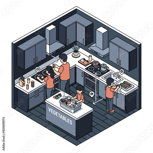 A family cooking and cleaning together in a modern kitchen, isometric view.