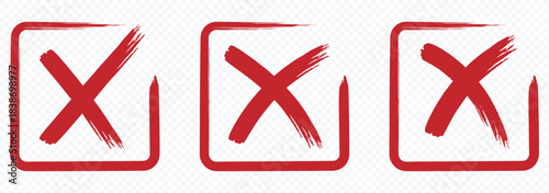Hand drawn crossed brush strokes set in grunge style.  Cross sign graphic symbol. Vector X mark set.  Cross box x check mark vector Illustration. 