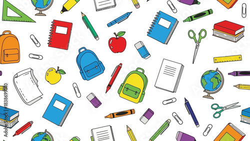 Seamless pattern with school supplies, back to school vector illustration background