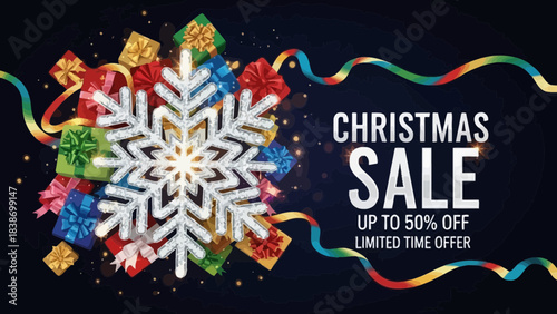 Eye-Catching Christmas Sale Banner with Snowflake and Gift Boxes Illustration