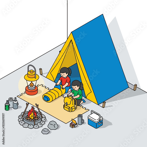 Two children enjoying an imaginative indoor camping adventure with a tent and pretend campfire.