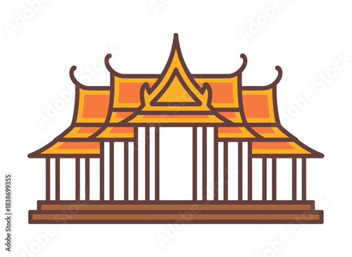 An illustration of a traditional Buddhist temple with ornate roofing and columns.