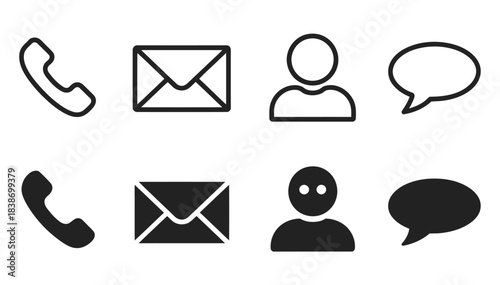 Minimalist Contact Communication Icon Set, a clean vector pack including call icons, email envelopes, chat bubbles, and user profile avatars in flat outline and solid styles for professional 