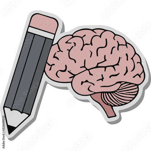 Pink Human Brain and Gray Pencil with Eraser in Studio Lighting Isolated on Black Background with White Outline and Shadow
