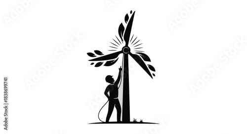 Person connecting cable to renewable energy wind turbine, symbolizing sustainable power.
