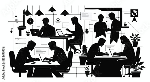 Diverse team of professionals collaborating and working on laptops in a modern office space, fostering productivity and teamwork.