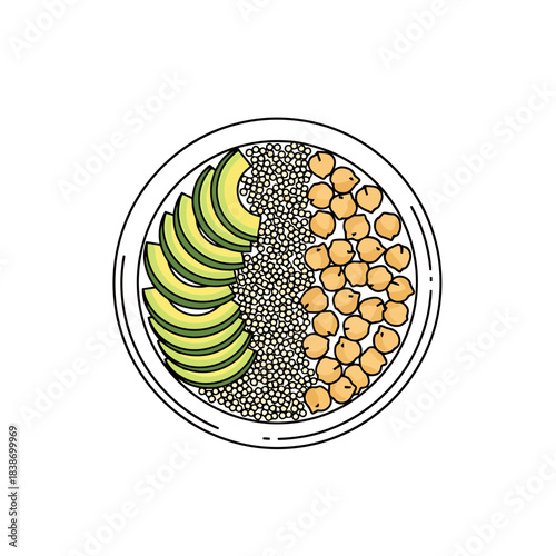 Healthy Grain Bowl with Avocado and Chickpeas Top View Flat Illustration