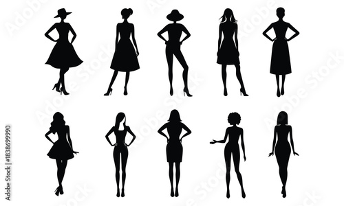 Ten Black Silhouettes of Modern Women in Dresses, Skirts, and Poses.