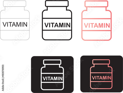 Minimalist vector icon set featuring clean outline and solid fill vitamin supplement bottles, perfect for health, nutrition, and wellness digital design applications