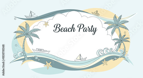A retro, hand-drawn beach party invitation frame with palm trees, waves, and sailboats in a soft, vintage color palette.