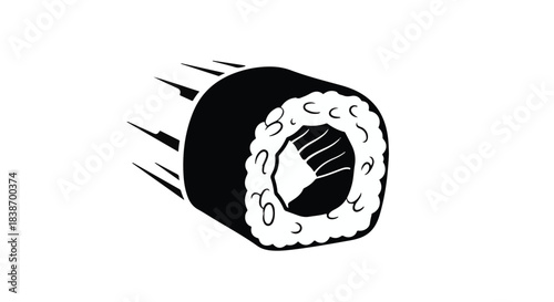 Speedy sushi roll illustration with motion blur effect, conveying fast delivery or quick meal