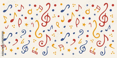 Colorful musical notes and symbols scattered across a pale yellow background