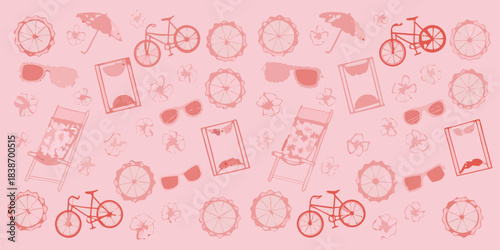 A playful pink pattern featuring summer items like bicycles sunglasses and beach chairs