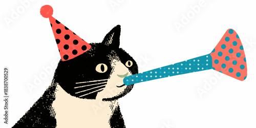 A festive black and white cat celebrates with a party hat and horn