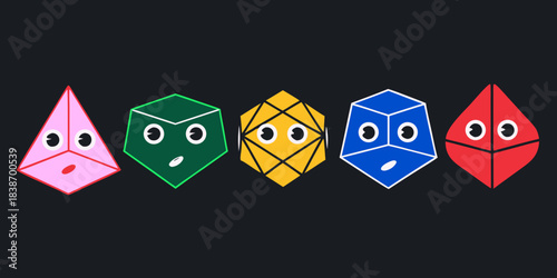 Colorful geometric shapes with eyes arranged in a horizontal line on black