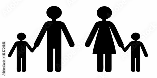 Simple black silhouette of a family with two children holding hands