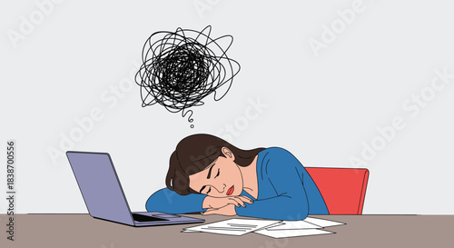 Illustration of a tired and stressed woman sleeping at her desk with a laptop, showing burnout and mental exhaustion.