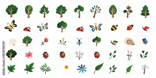 A colorful collection of trees insects flowers and nature elements