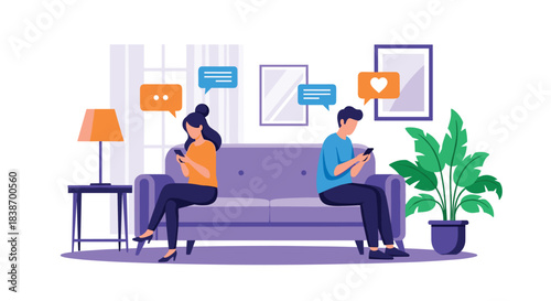 Young couple sitting on a couch, ignoring each other while engrossed in their smartphones, illustrating communication problems.