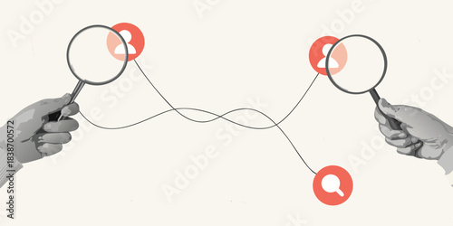 Hands holding magnifying glasses connected by lines and red circular elements