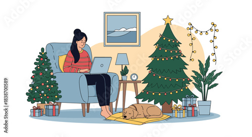 Woman working on a laptop in a cozy living room decorated for Christmas with a sleeping dog, presents, and a decorated tree.