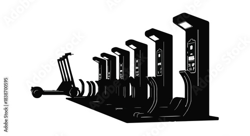 Electric scooters lined up at charging stations in a modern urban setting