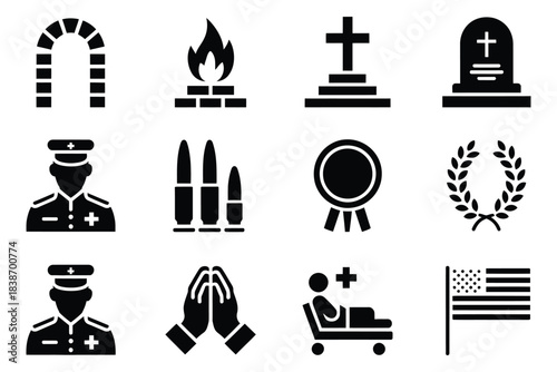 Military Funeral Icon Set, a professional vector pack including ceremonial flags, folded caskets, helmets, wreaths, and honor symbols designed for remembrance, military tribute, and memorial graphics