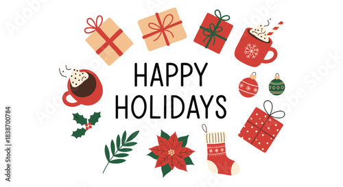 Festive 'Happy Holidays' greeting card design with a circular arrangement of cute Christmas elements like gifts and hot cocoa.