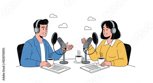 Line art illustration of a man and a woman hosting a podcast, speaking into microphones at a table with coffee cups.