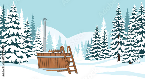 A peaceful winter landscape illustration with a wooden hot tub surrounded by snow-covered pine trees and distant mountains.
