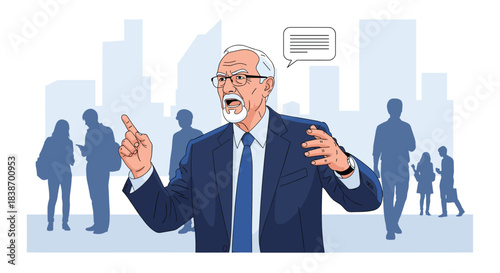 Illustration of an elderly male politician or businessman with glasses and a beard, giving an angry speech to a crowd.
