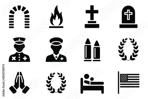 Military Funeral Icon Set, a detailed vector collection featuring solemn symbols such as flags, folded banners, helmets, wreaths, and ceremonial elements