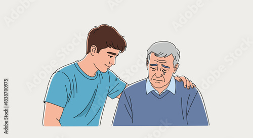 A touching illustration of a young man comforting a sad and crying elderly man, showing support, empathy, and family care.