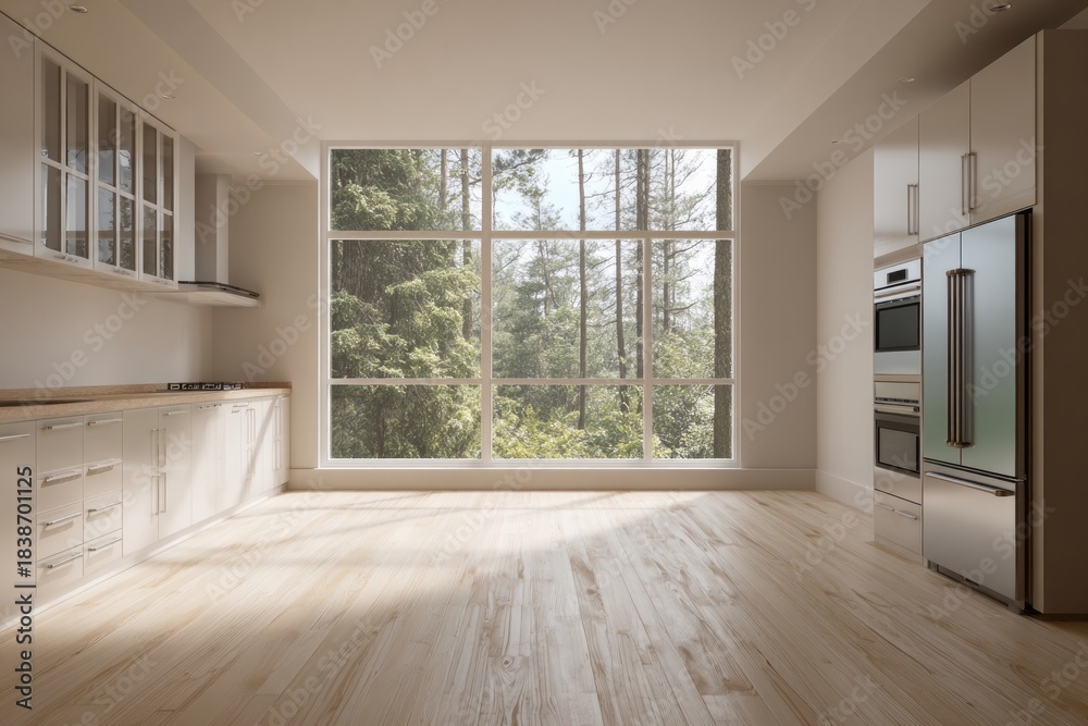 Fototapeta premium Modern kitchen with large window viewing lush green forest.