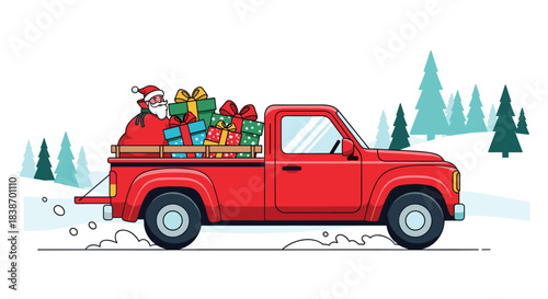 A cartoon illustration of Santa Claus driving a vintage red pickup truck filled with Christmas gifts through a snowy landscape.
