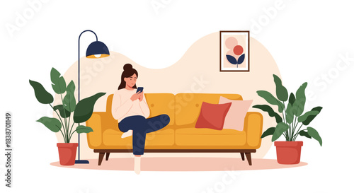 A young woman relaxing on a yellow sofa in a cozy living room with houseplants, casually browsing on her smartphone.