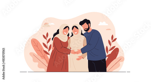 A happy muslim family, with a mother and husband lovingly touching the pregnant belly of a surrogate mother or family member.