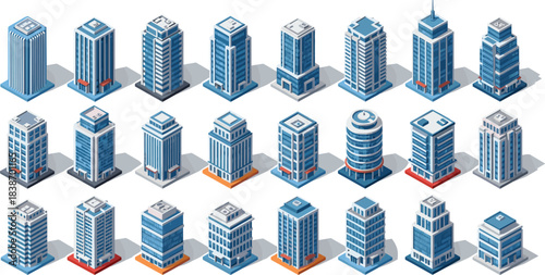 Isometric building icon set, modern architecture, urban design, high-rise structures, city planning, skyline illustration, vector grid, real estate