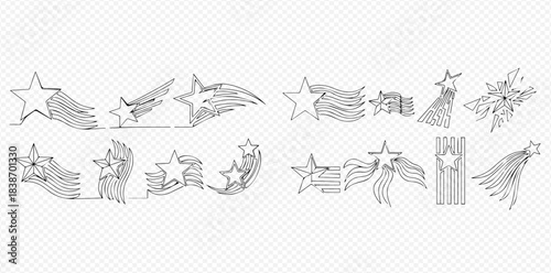 Set of hand-drawn doodle stars with tails, representing comets, shooting stars, and celestial elements in sketch style.
