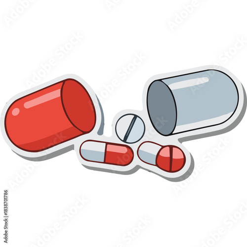 Red and White Capsules and Pills Scattered On Black Background With One Large Capsule Open Revealing Smaller Pills And White Round Tablet With Blue Line