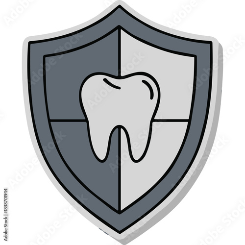 Protective Shield Emblem Featuring A Stylized Tooth In The Center With Two Tone Gray Background And Outlined Border Representing Dental Health And Security Isolated On White Background