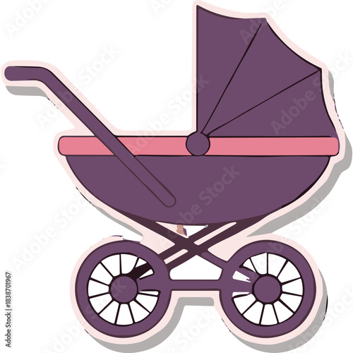 Purple and pink vintage baby carriage on a white background