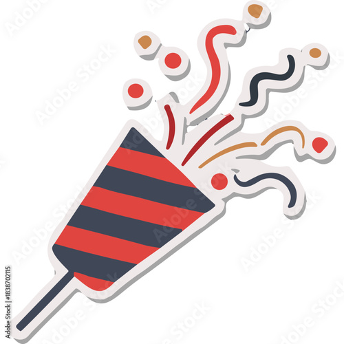 Red And Blue Striped Party Popper Exploding With Colorful Confetti And Streamers Isolated On Black Background Festive Celebration Surprise Event